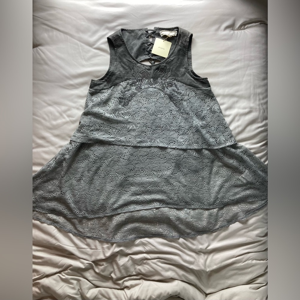 Á-reve lace drop-cut mini dress with embroidery and lace up back. New with tags!